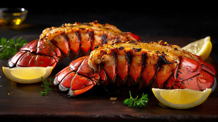 Traditional barbecue spiny lobster tail sliced and offered with saffron lemon sauce. Generative Ai - obrazy, fototapety, plakaty