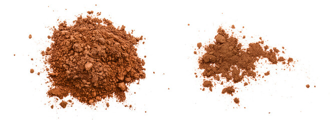 pile of cocoa powder isolated on white background. Top view. Flat lay