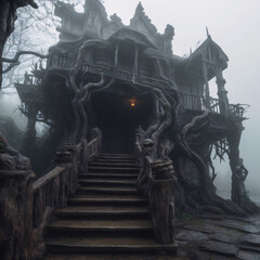 Haunted mansion with stairs in a foggy day