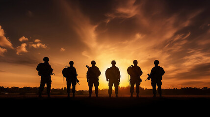 Fototapeta na wymiar military silhouettes on sunset sky background. Generative Ai