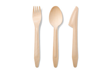 Eco friendly disposable wooden cutlery: fork, spoon and knife isolated on a transparent background, PNG. High resolution.