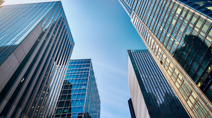 Fototapeta na wymiar Modern skyscraper buildings in the financial district, bottom view, generative Ai