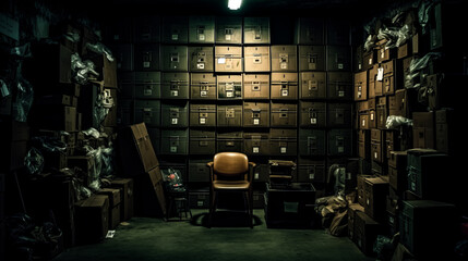 A solitary chair stands in a dimly lit room in the old abandoned basement