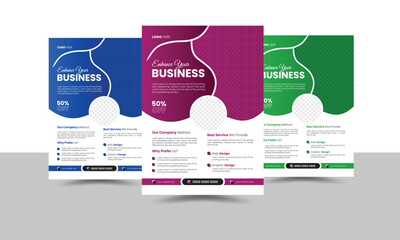 Corporate business flyer template design set with green, Blue, and purple colors variation. organic shape modern creative unique idea cover brochure a4 size half page flyer background for company and	