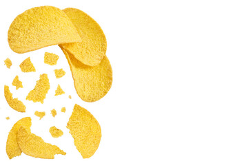 Potato chips isolated on white background with full depth of field. Top view with copy space for your text. Flat lay.