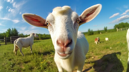 Fototapeta premium Close-up portrait of white adult goat grassing on green summer meadow field at village countryside. Generative Ai