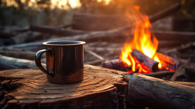 enamel cup of hot steaming coffee sitting on an old log by an outdoor campfire. Selective focus on mug with blurred background. Generative Ai