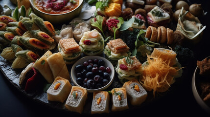 A selection of appetizers and finger foods, beautifully arranged on a platter