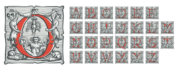 Gothic alphabet set. Medieval drop caps. Devil, witches and ghosts in hell. Engraving hatching illustrations. Germanic font for bewitchment labels, pagan music, black magic posters, potions packaging. © kaer_fstock