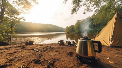 coffee drip while camping near the river in nature park. Generative Ai - obrazy, fototapety, plakaty