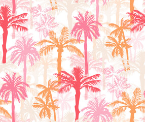 Fototapeta na wymiar Seamless pattern of tropical palm trees in pink and orange colors. Exotic fashion print. Vector illustration.
