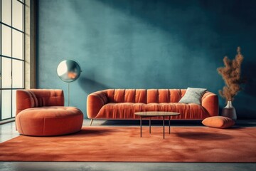 Modern living room with sofa and carpet. Generative AI