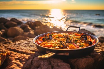Traditional seafood paella in the pan on a table by the sea. Generative AI
