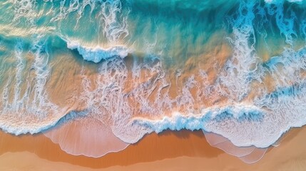 Fototapeta na wymiar Top view of ocean waves on sandy beach landscape. Beautiful seascape background. Generative AI