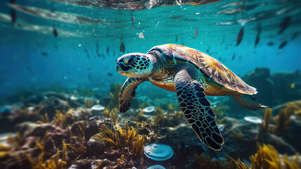 Obraz premium Plastic pollution in ocean environmental problem. Turtles can eat plastic bags. Generative Ai