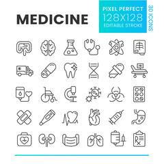 Medicine pixel perfect linear icons set. Medical service. First aid. Disease treatment. Customizable thin line symbols. Isolated vector outline illustrations. Editable stroke. Poppins font used