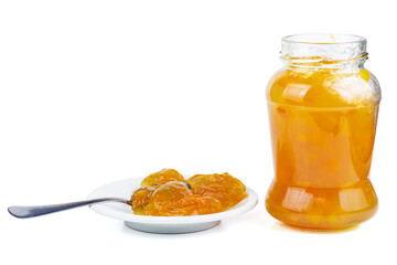 Peach jam in glass jar isolated on white background