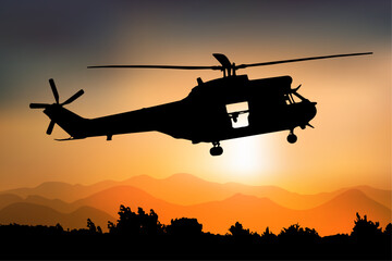 Silhouette of a combat helicopter at sunset, side view, puma in french army, vector drawing can be used for web, sticker, patch, logo, illustration and infographic © Reflexpixel