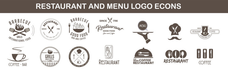 Logotype menu. Set in flat style. Food vintage design elements, logos, badges, labels, icons and objects. Vector illustration