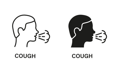 Cough Line and Silhouette Icon Set. Flu, Cold, Coronavirus Symptoms Symbol Collection. Man Coughing or Sneezing. Infectious Diseases, Bronchitis, Tuberculosis Pictogram. Isolated Vector illustration