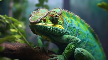 A realistic photo with a chameleon close up. Generative ai.