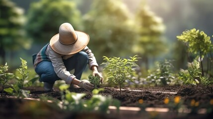 Gardening scene. A people planting trees and vegetables. Generative ai.