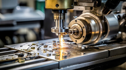 Fototapeta premium Finishing metal working on high precision grinding machine in workshop. Generative Ai