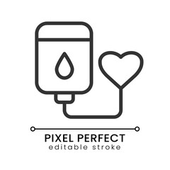 Blood donation pixel perfect linear icon. Medical procedure. Intravenous transfusion. Therapy. Thin line illustration. Contour symbol. Vector outline drawing. Editable stroke. Poppins font used