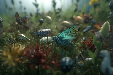 Fototapeta na wymiar A detailed illustration of a group of insects, such as butterflies or beetles, in a delicate and intricate natural environment, Generative AI