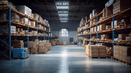 A large clean warehouse with boxes. Generative ai.