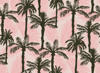 Tropical palm trees and leaves on pink background. Seamless pattern - exotic fashion print. Vector illustration.