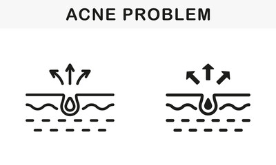 Skin Acne, Pimple, Comedo Pictogram. Blackhead and Inflammation Sebum Line and Silhouette Black Icon Set. Dirty Skin Problem Symbol Collection. Isolated Vector Illustration