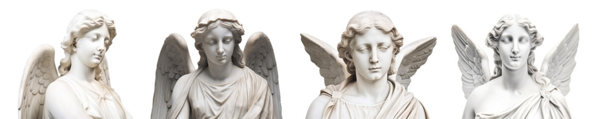 Fototapeta premium Set of marble angels isolated on transparent background - Fictional Person, Generative AI