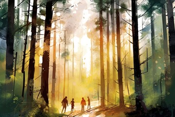 A serene forest scene watercolor illustration - Generative AI.