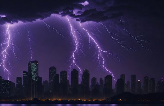 Lightning storm over city in purple light created with  generative ai