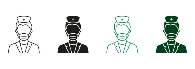 Professional Medic Staff in Hospital Symbol Collection. Surgeon Man Doctor Line and Silhouette Icon Set. Plastic Surgery Specialist in Medical Face Mask Pictogram. Isolated Vector Illustration