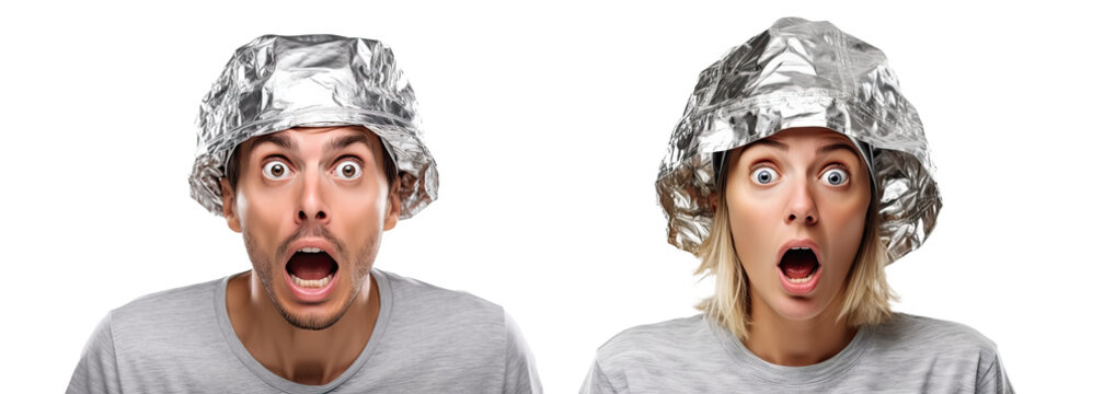Set of people in tin foil hat isolated on transparent background - Fictional Person, Generative AI