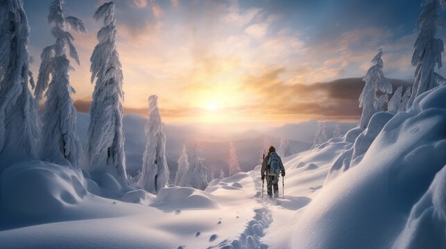 back view skier, extreme winter sport