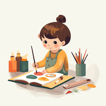 Children learning to draw, painting, children book illustration, svg vector