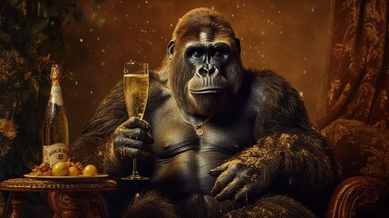 Fototapeta na wymiar A realistic photo with a gorilla drinking. Generative ai.