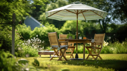Obraz premium Summer picnic table, chairs and umbrella outdoors in a beautiful summer garden in the morning. Generative AI