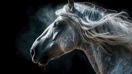 Fototapeta na wymiar Portrait gray Andalusian horse with long mane and steam from a mouth at a black background with back lighting. Generative Ai