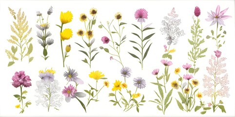 Fototapeta na wymiar Drawn wild flowers on a white background.