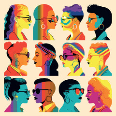 Bold illustration portraying the artistic act of hand-painting a vibrant LGBTQ+ individual. The artwork showcases a striking color palette, dynamic brushwork, a diverse set of stickers, abstract shape