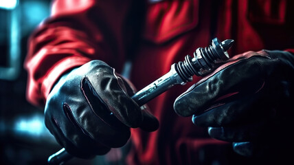 Fototapeta na wymiar Hands of car mechanic with wrench in garage. Generative Ai