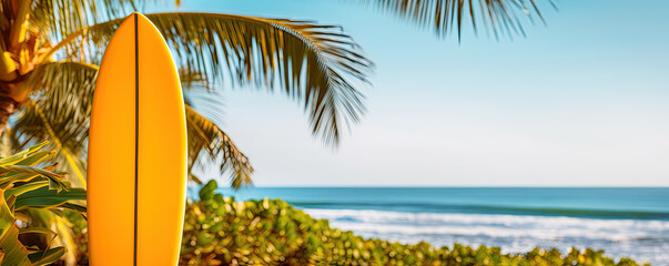 Yellow surfboard on tropical beach background. Generative AI 