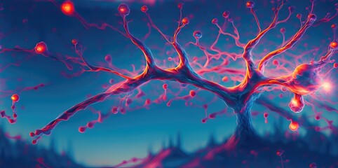 Neurons cells concept showing neurons firing and neural extensions - obrazy, fototapety, plakaty