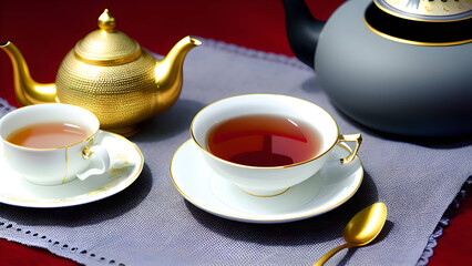 cup of tea and teapot on table