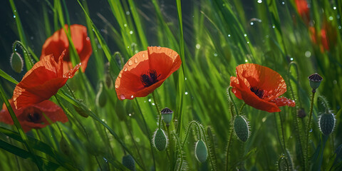 Beautiful Red Poppies and Wheat on Spring Meadow