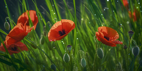Nature Background with Red Poppies and Wheat Field